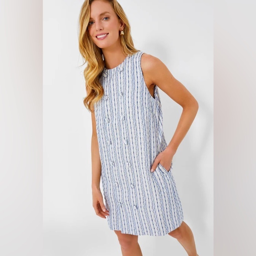 NWT Pomander Place Bianca Tweed Shift Dress Blue Cream Size S Tuckernuck - Picture 3 of 12